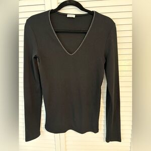 Brunello Cucinelli Black V-Neck Long Sleeve Tee with embellished neckline XL
